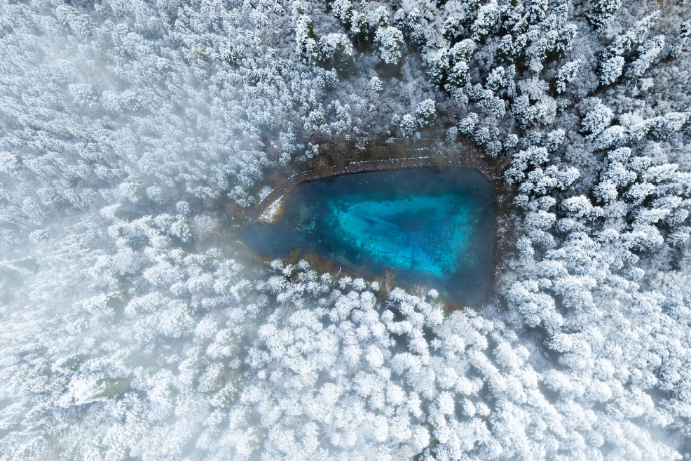 Aerial view of Jiuzhaigou scenic spot after snow