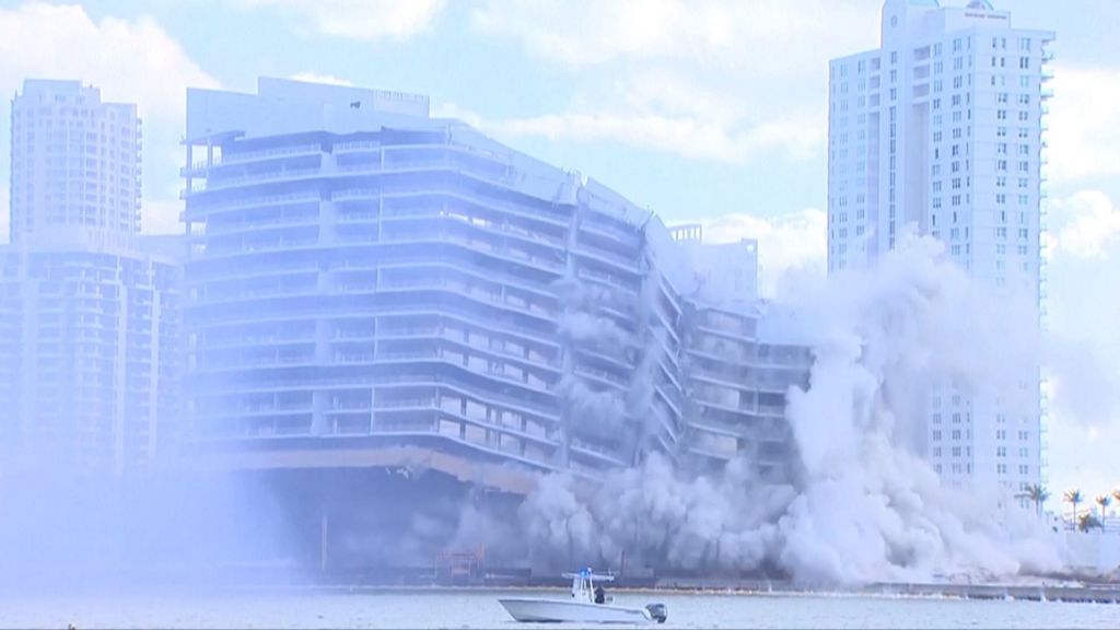 Controlled demolition brings down luxury Miami hotel in seconds