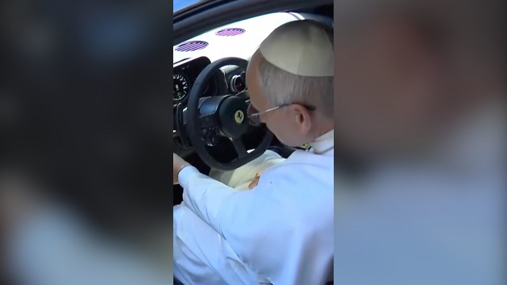 Pope Leo inspects Ferrari’s first fully electric vehicle
