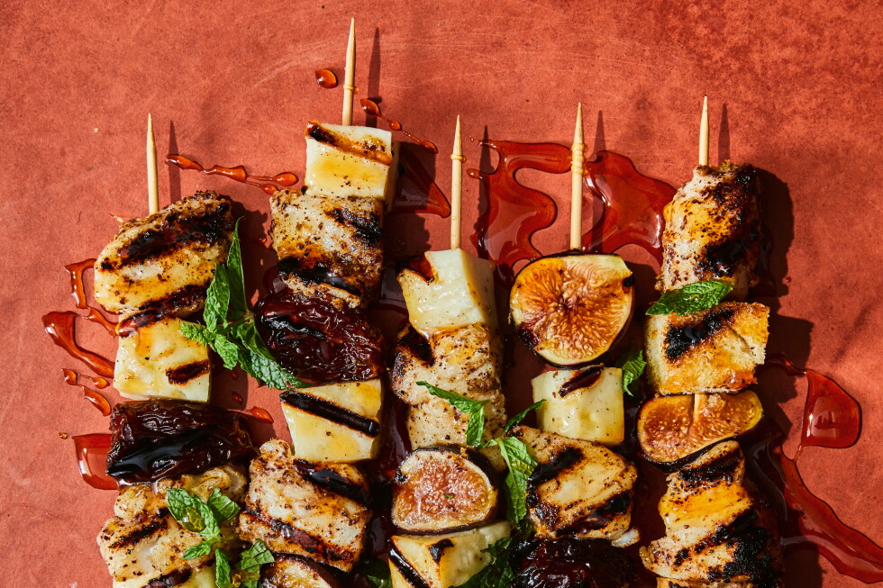 When lunch is the main event, here’s a ‘Greek Out’ take on halibut and halloumi skewers